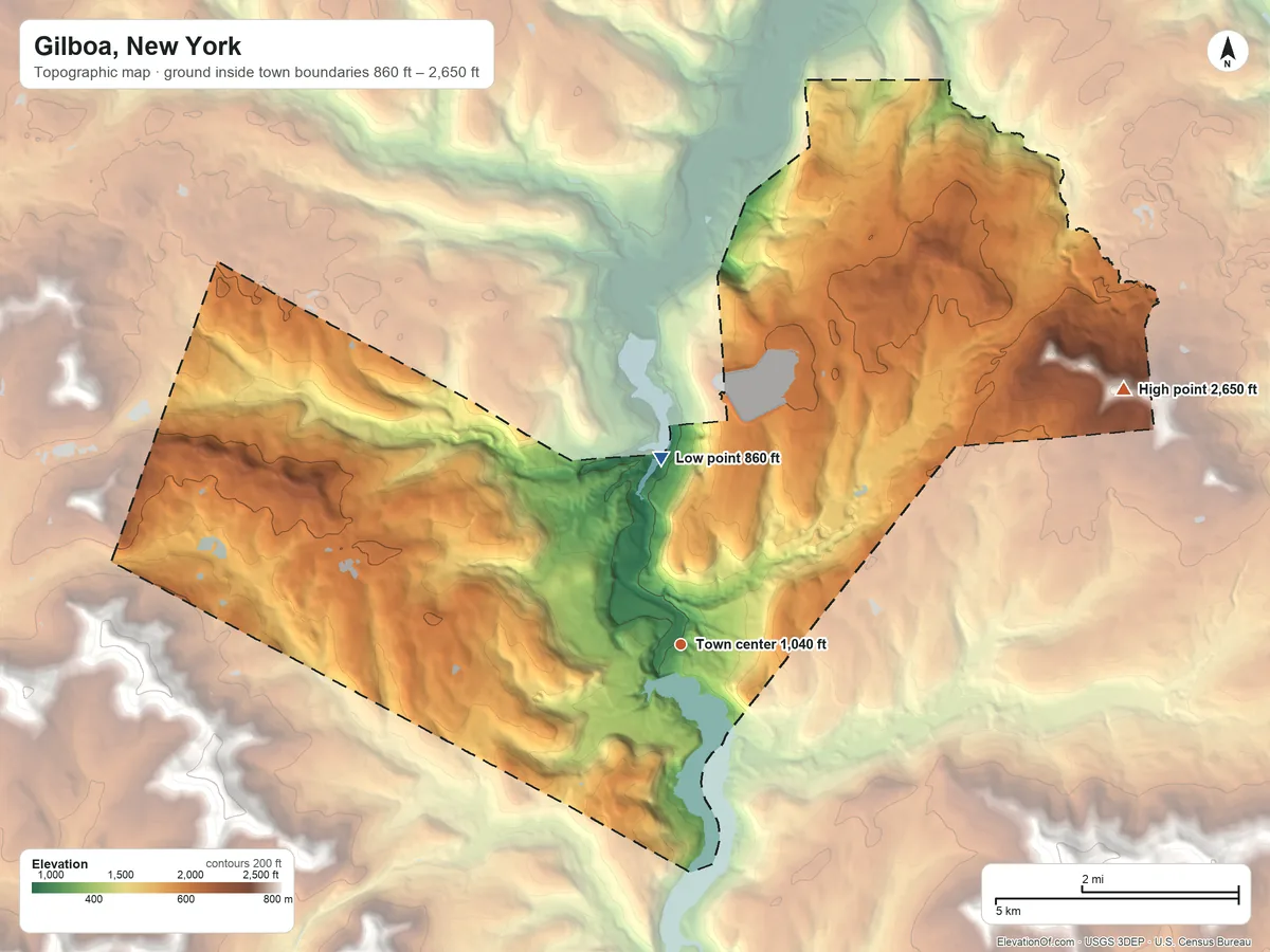 Topographic elevation map of Gilboa, New York, shaded from 860 ft on the north side to 2,650 ft on the northeast side