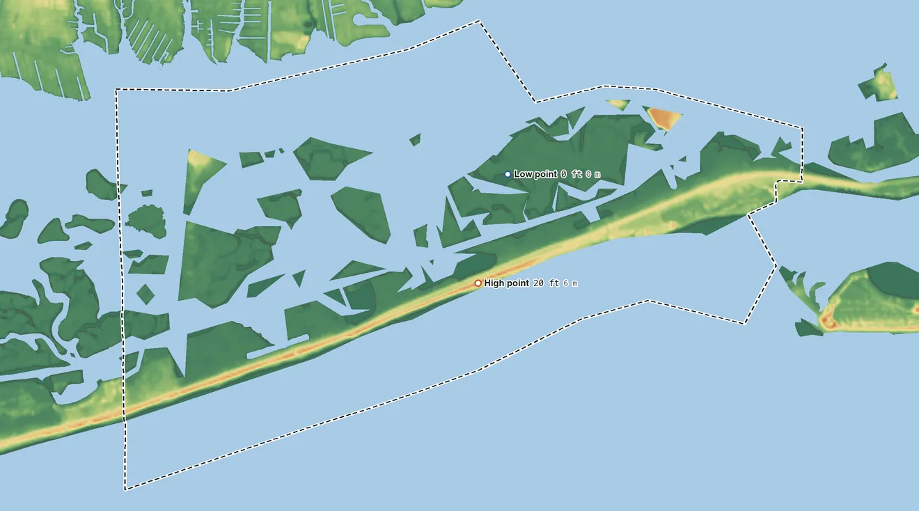 Topographic elevation map of Gilgo, New York, shaded from sea level level on Great South Bay to 20 ft on the east side