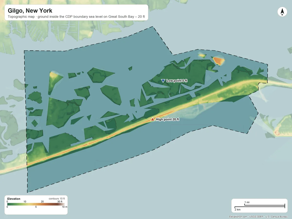Topographic elevation map of Gilgo, New York, shaded from sea level level on Great South Bay to 20 ft on the east side