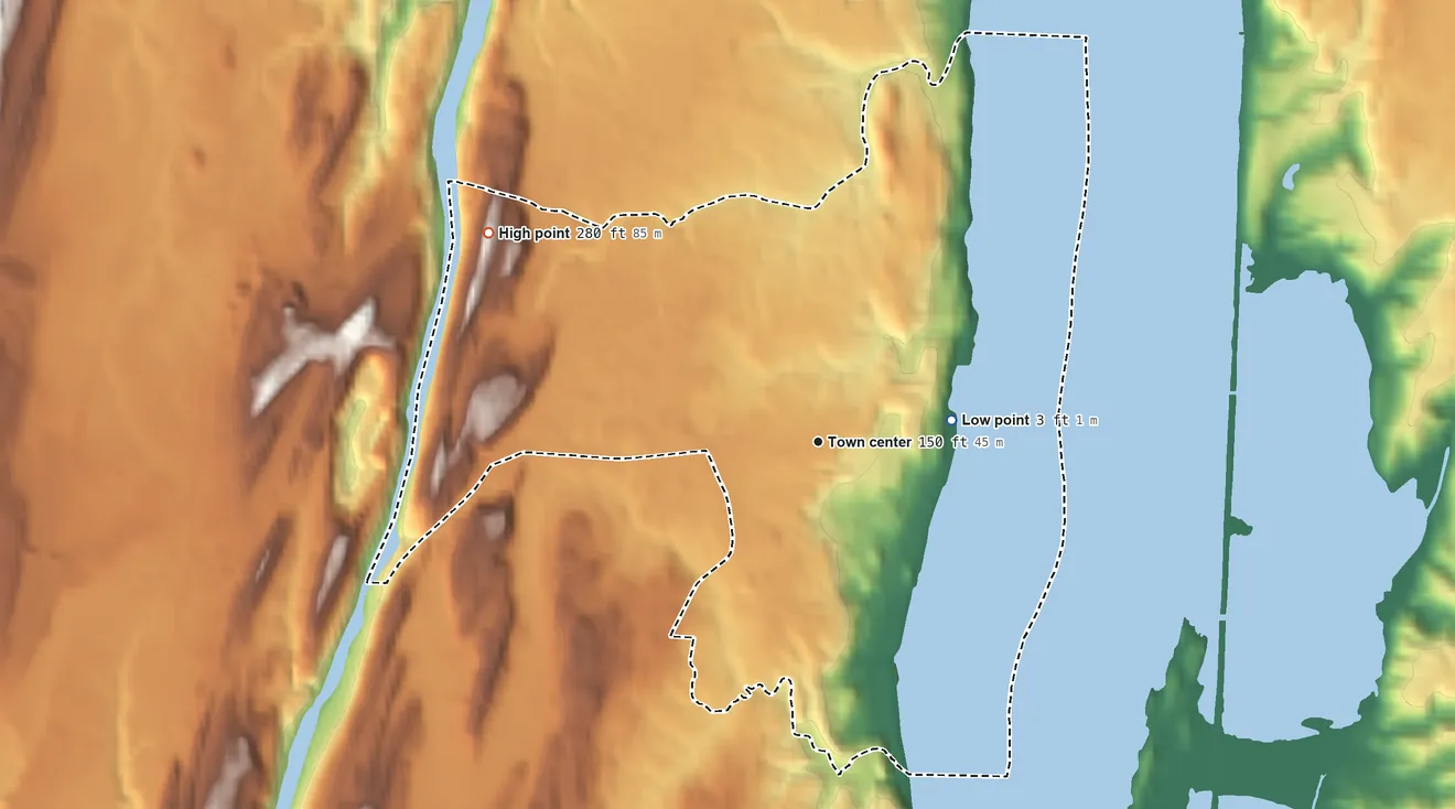 Topographic elevation map of Glasco, New York, shaded from 3 ft on the east side to 280 ft on the northwest edge, below higher ground just outside