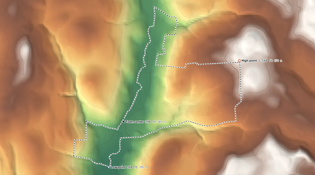 Topographic elevation map of Glen Aubrey, New York, shaded from 980 ft on the south side to 1,540 ft on the northeast side