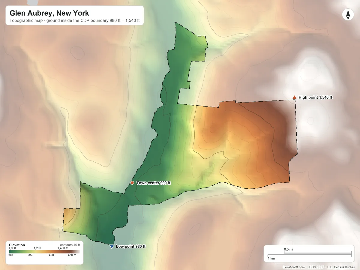 Topographic elevation map of Glen Aubrey, New York, shaded from 980 ft on the south side to 1,540 ft on the northeast side