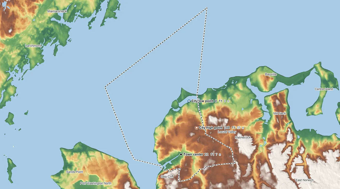 Topographic elevation map of Glen Cove, New York, shaded from sea level level on Long Island Sound to 180 ft on the northeast side