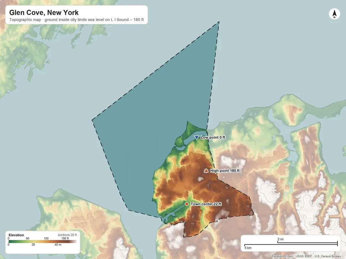 Topographic elevation map of Glen Cove, New York, shaded from sea level level on Long Island Sound to 180 ft on the northeast side