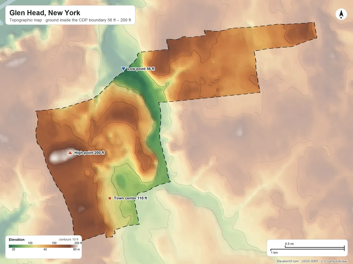 Topographic elevation map of Glen Head, New York, shaded from 56 ft on the north side to 200 ft on the northwest side