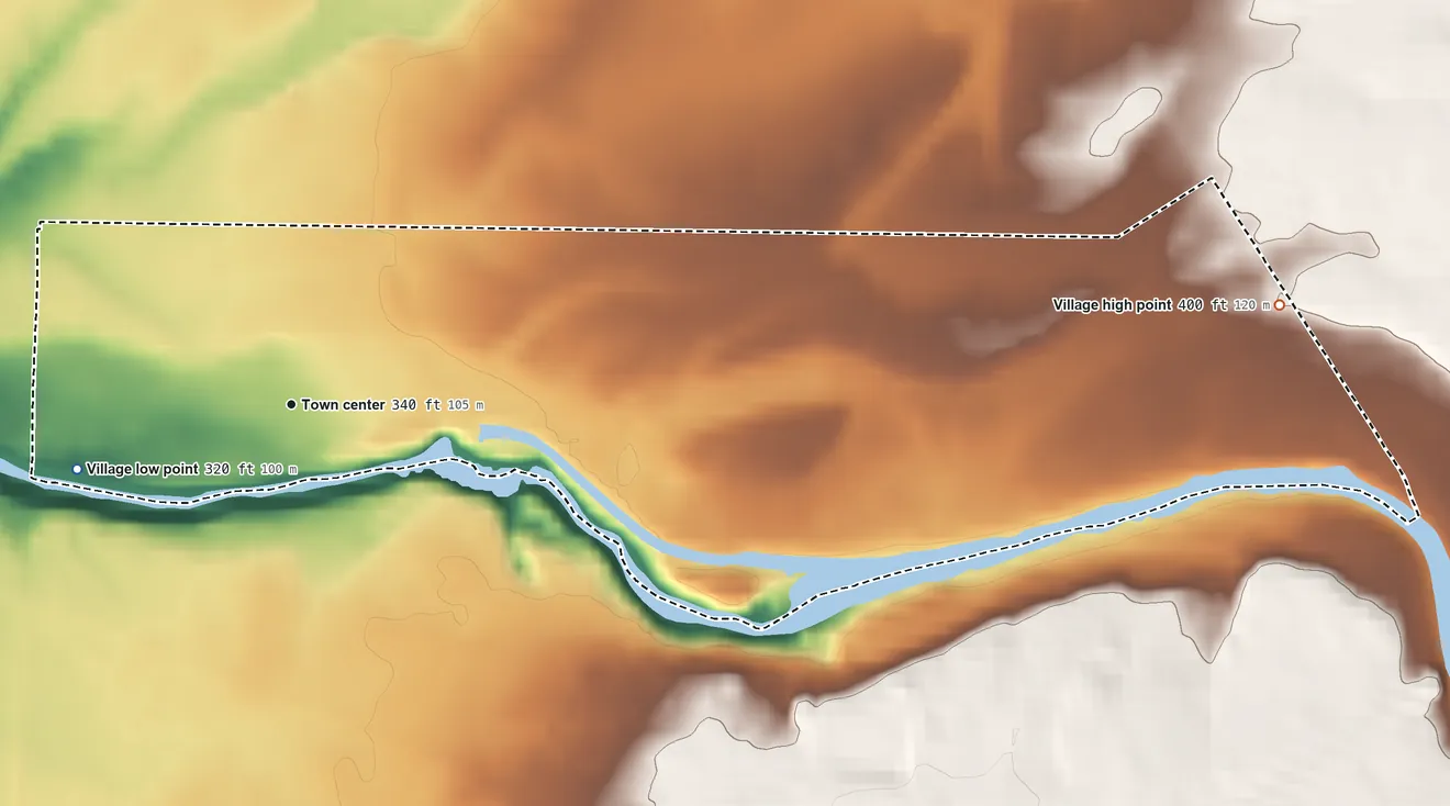 Topographic elevation map of Glen Park, New York, shaded from 320 ft on the west side to 400 ft on the east side