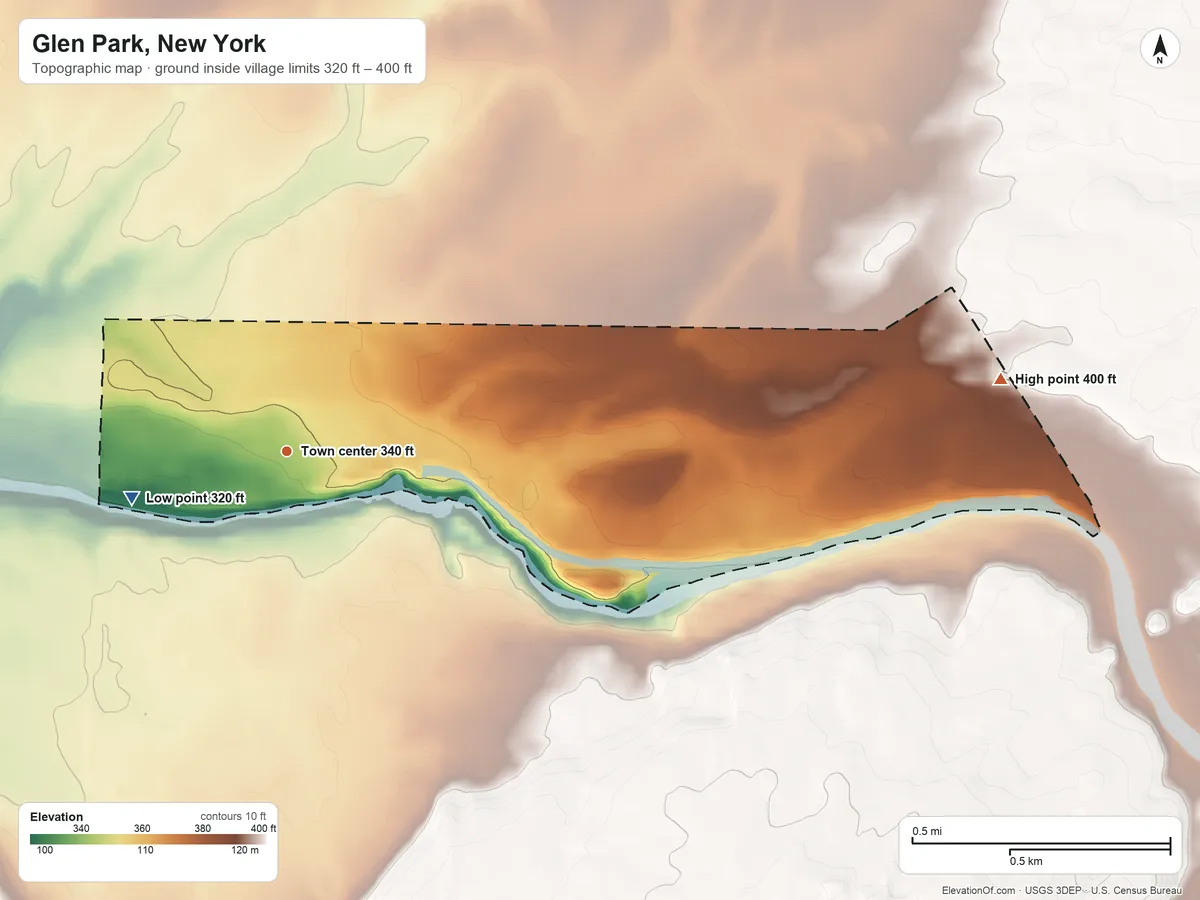 Topographic elevation map of Glen Park, New York, shaded from 320 ft on the west side to 400 ft on the east side