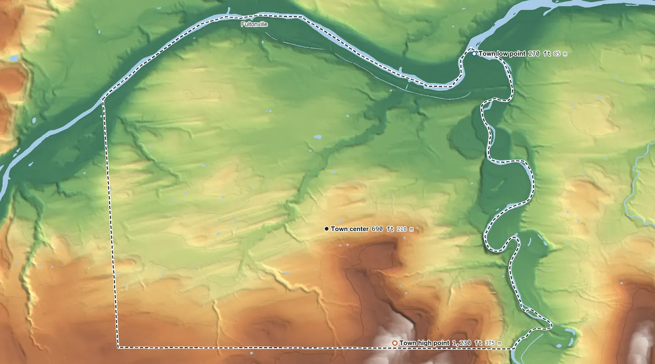 Topographic elevation map of Glen, New York, shaded from 270 ft on the northeast side to 1,230 ft on the southeast side