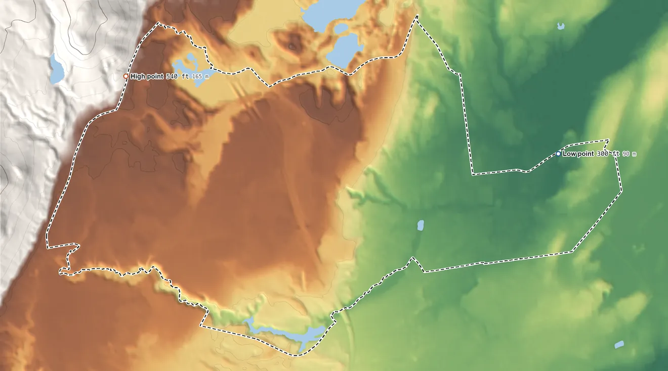 Topographic elevation map of Glens Falls North, New York, shaded from 300 ft on the east side to 540 ft at the foot of the Luzerne Mountains