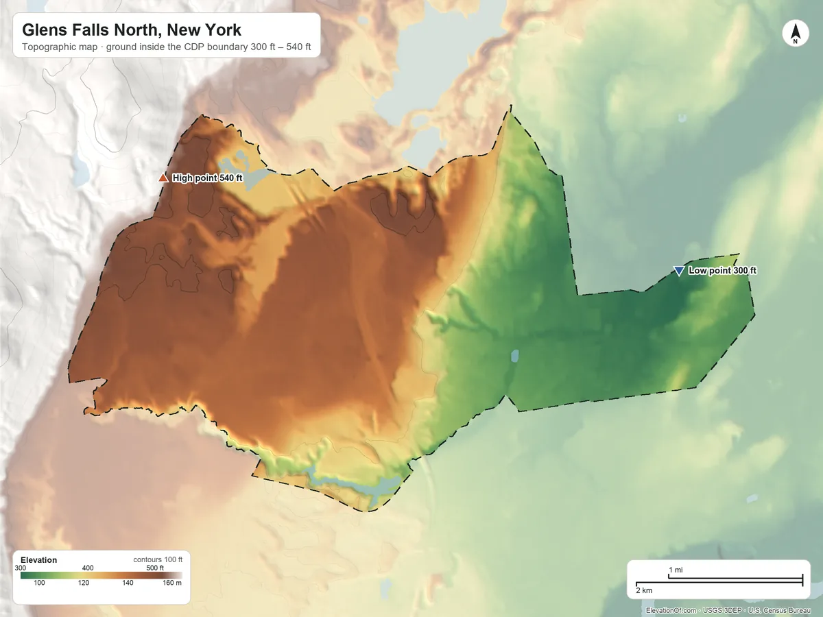 Topographic elevation map of Glens Falls North, New York, shaded from 300 ft on the east side to 540 ft at the foot of the Luzerne Mountains