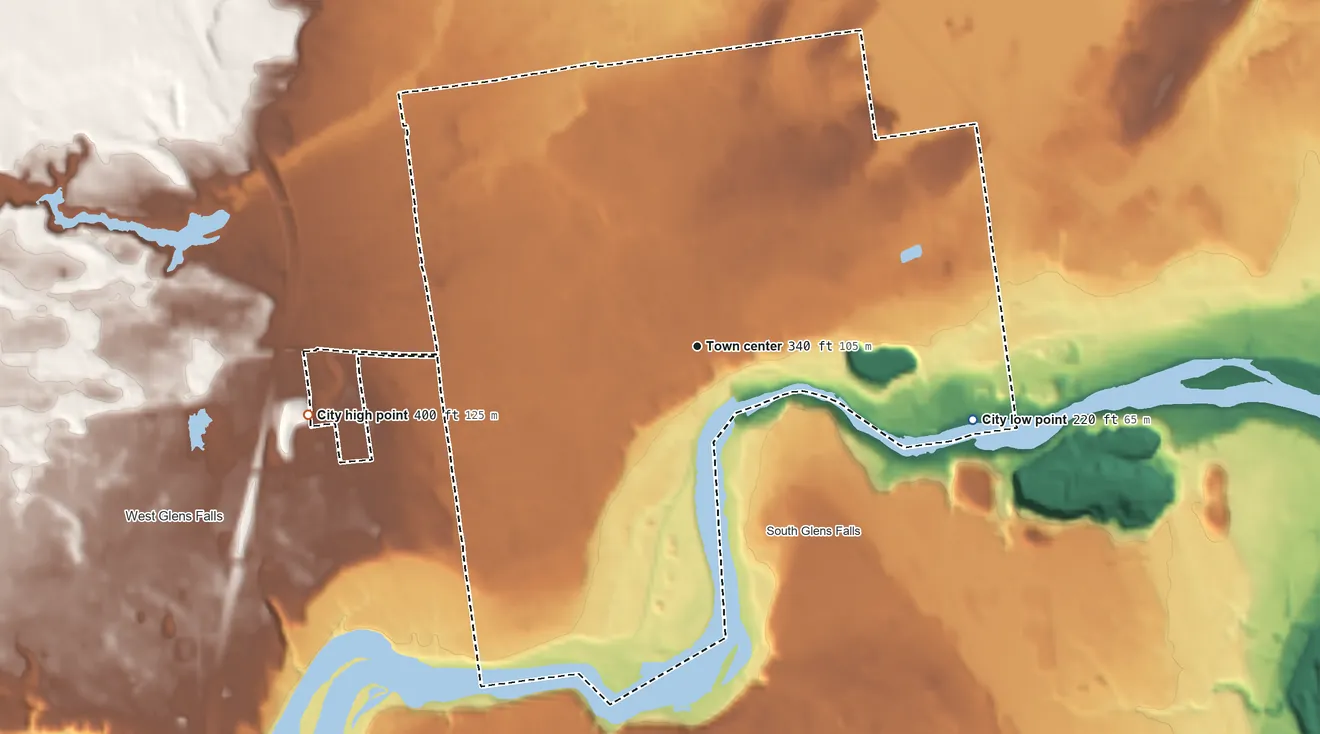 Topographic elevation map of Glens Falls, New York, shaded from 220 ft on the east side to 400 ft on the west side
