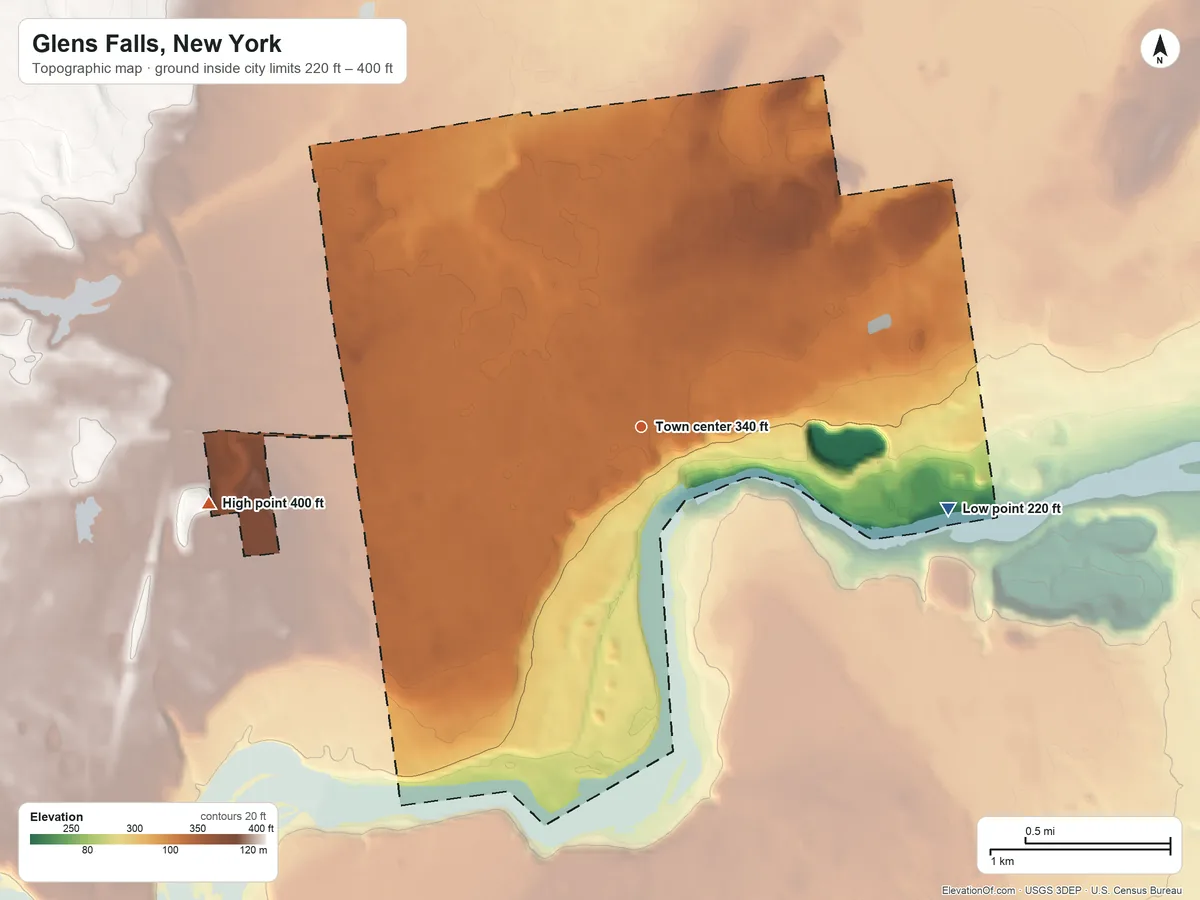 Topographic elevation map of Glens Falls, New York, shaded from 220 ft on the east side to 400 ft on the west side