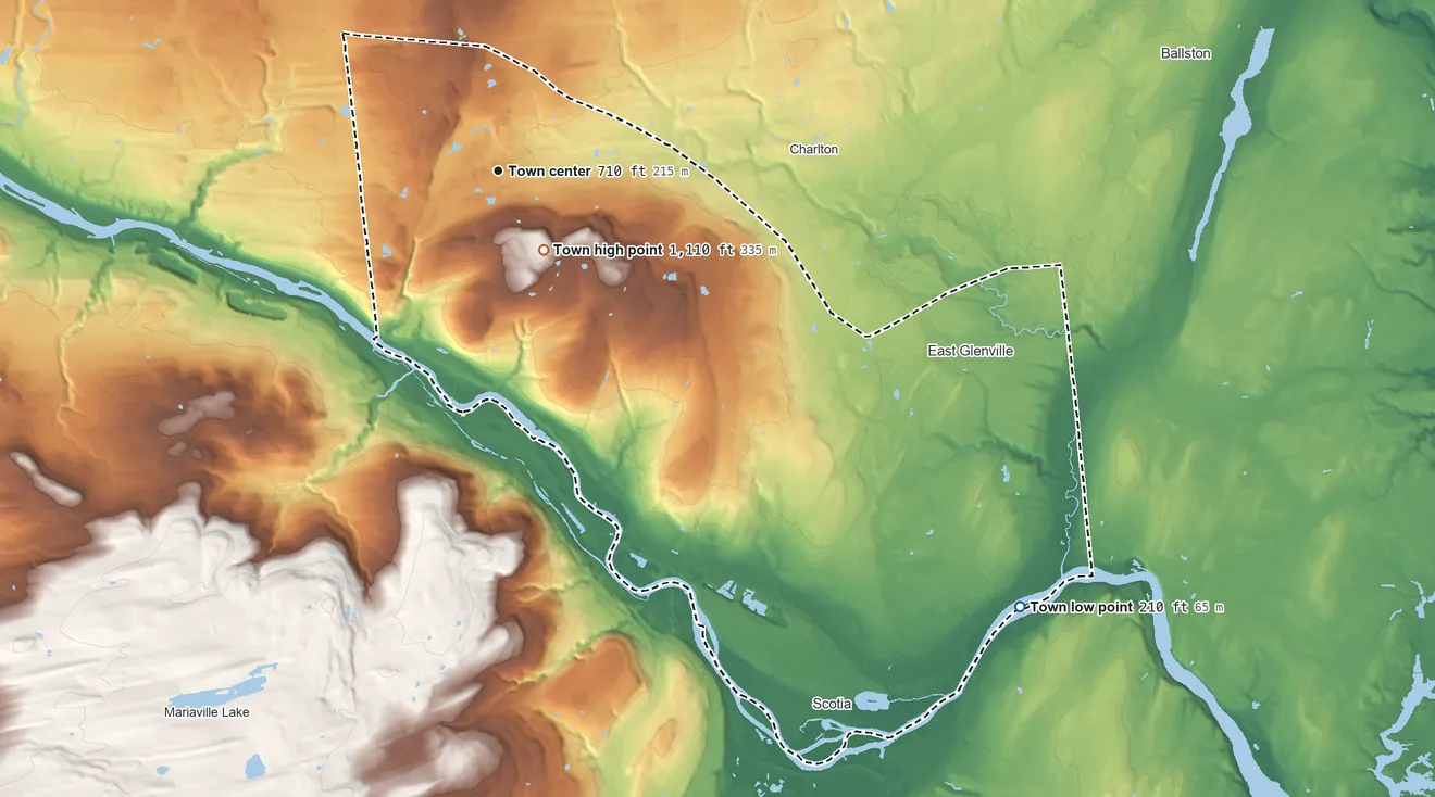 Topographic elevation map of Glenville, New York, shaded from 210 ft on the southeast side to 1,110 ft on Glenville Hill