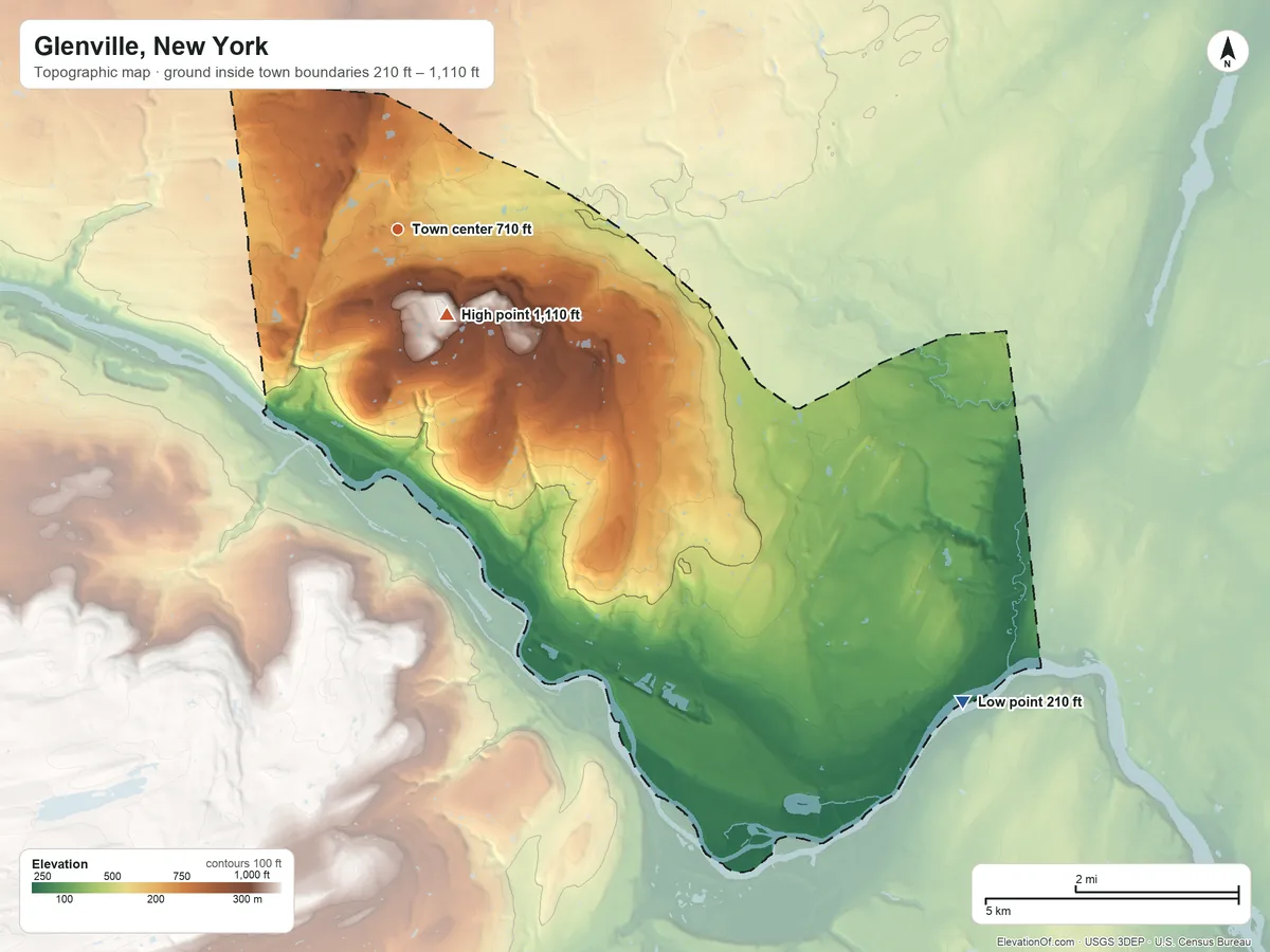 Topographic elevation map of Glenville, New York, shaded from 210 ft on the southeast side to 1,110 ft on Glenville Hill