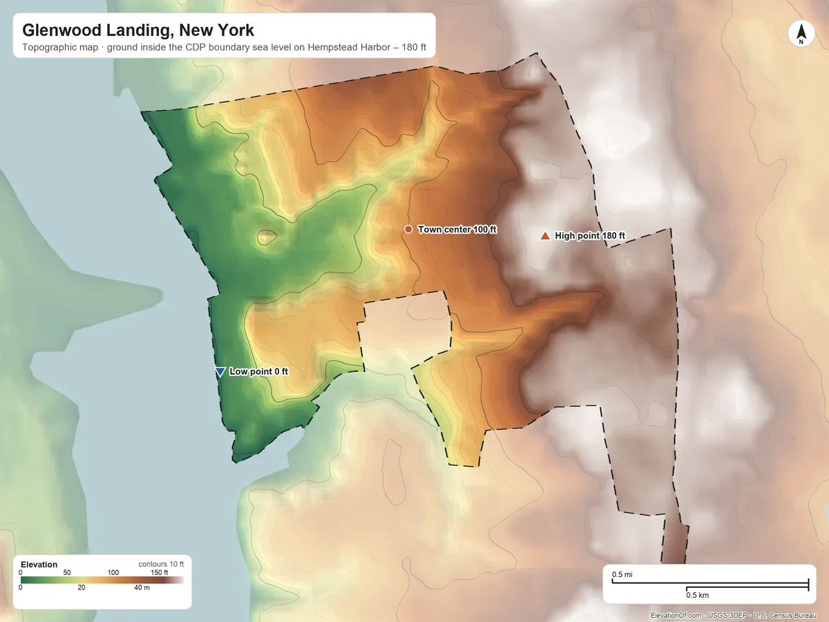 Topographic elevation map of Glenwood Landing, New York, shaded from sea level level on Hempstead Harbor to 180 ft on the east side