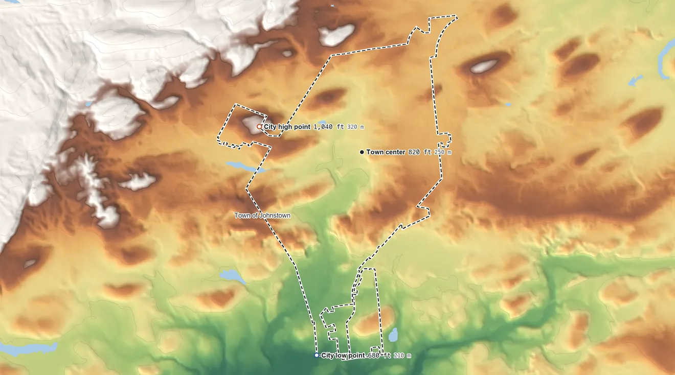 Topographic elevation map of Gloversville, New York, shaded from 680 ft on the south side to 1,040 ft on the west edge, below higher ground just outside