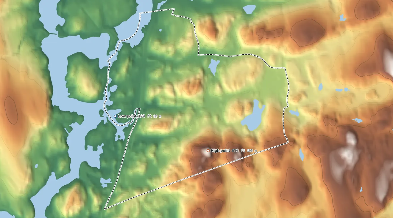 Topographic elevation map of Golden's Bridge, New York, shaded from 190 ft on the southwest side to 650 ft on the south side