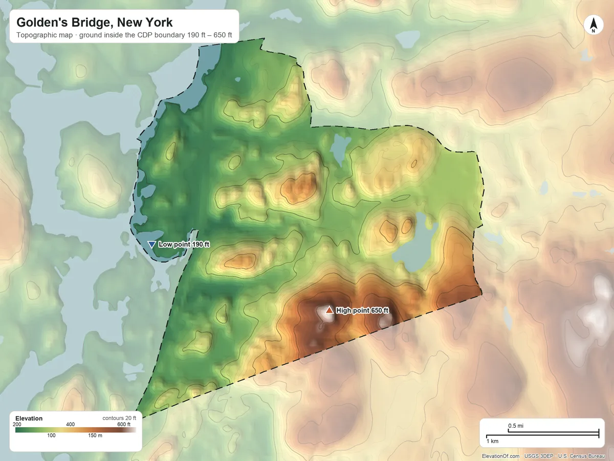 Topographic elevation map of Golden's Bridge, New York, shaded from 190 ft on the southwest side to 650 ft on the south side