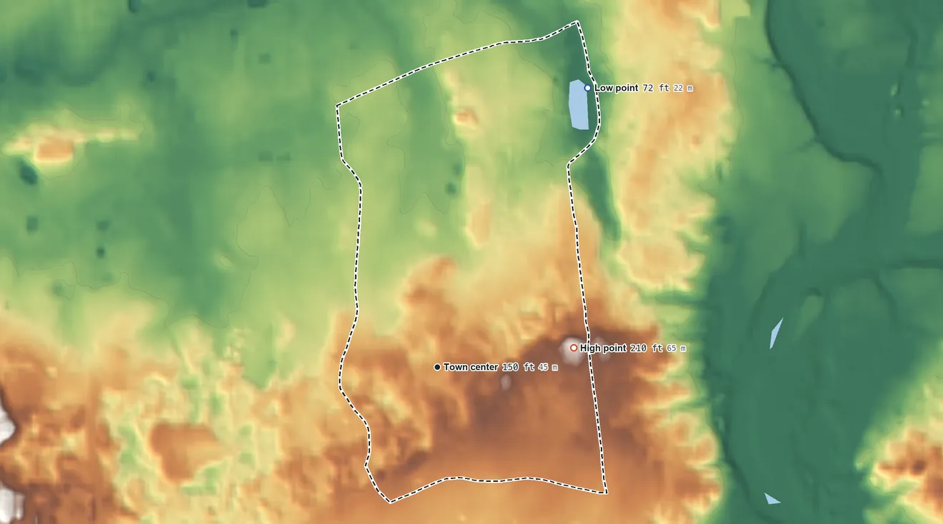 Topographic elevation map of Gordon Heights, New York, shaded from 72 ft on the northeast side to 210 ft on the east side