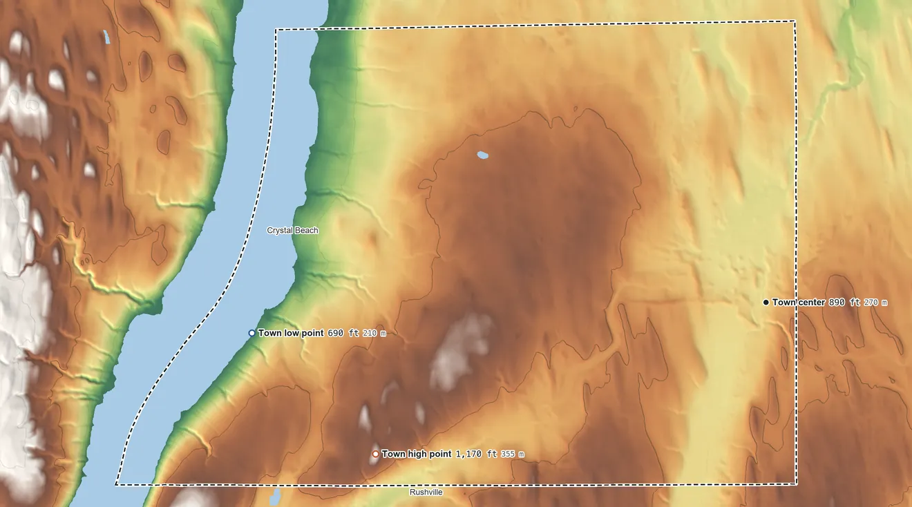 Topographic elevation map of Gorham, New York, shaded from 690 ft on the west side to 1,170 ft on Harkness Hill