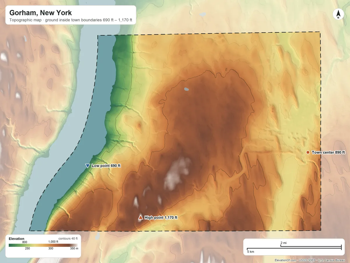 Topographic elevation map of Gorham, New York, shaded from 690 ft on the west side to 1,170 ft on Harkness Hill