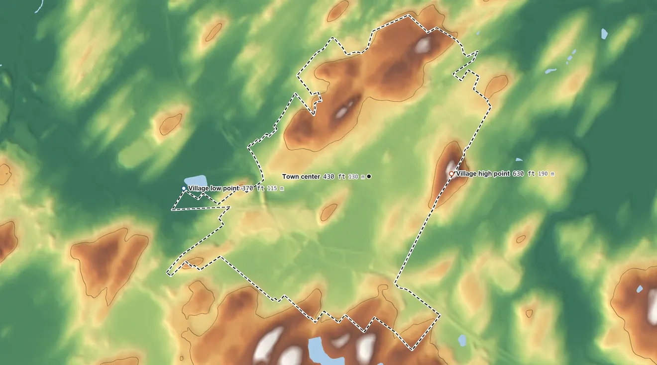 Topographic elevation map of Village of Goshen, New York, shaded from 370 ft on the west side to 630 ft on the east side