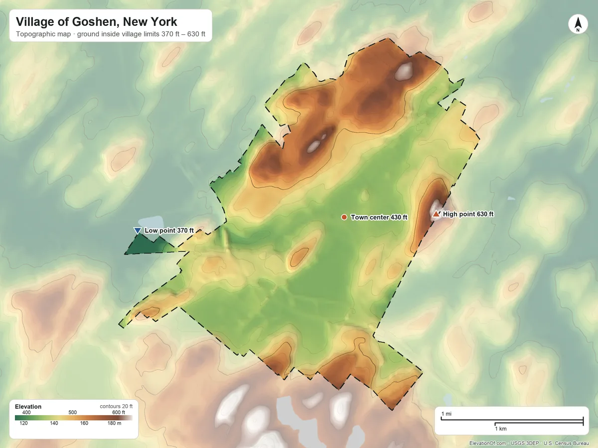 Topographic elevation map of Village of Goshen, New York, shaded from 370 ft on the west side to 630 ft on the east side