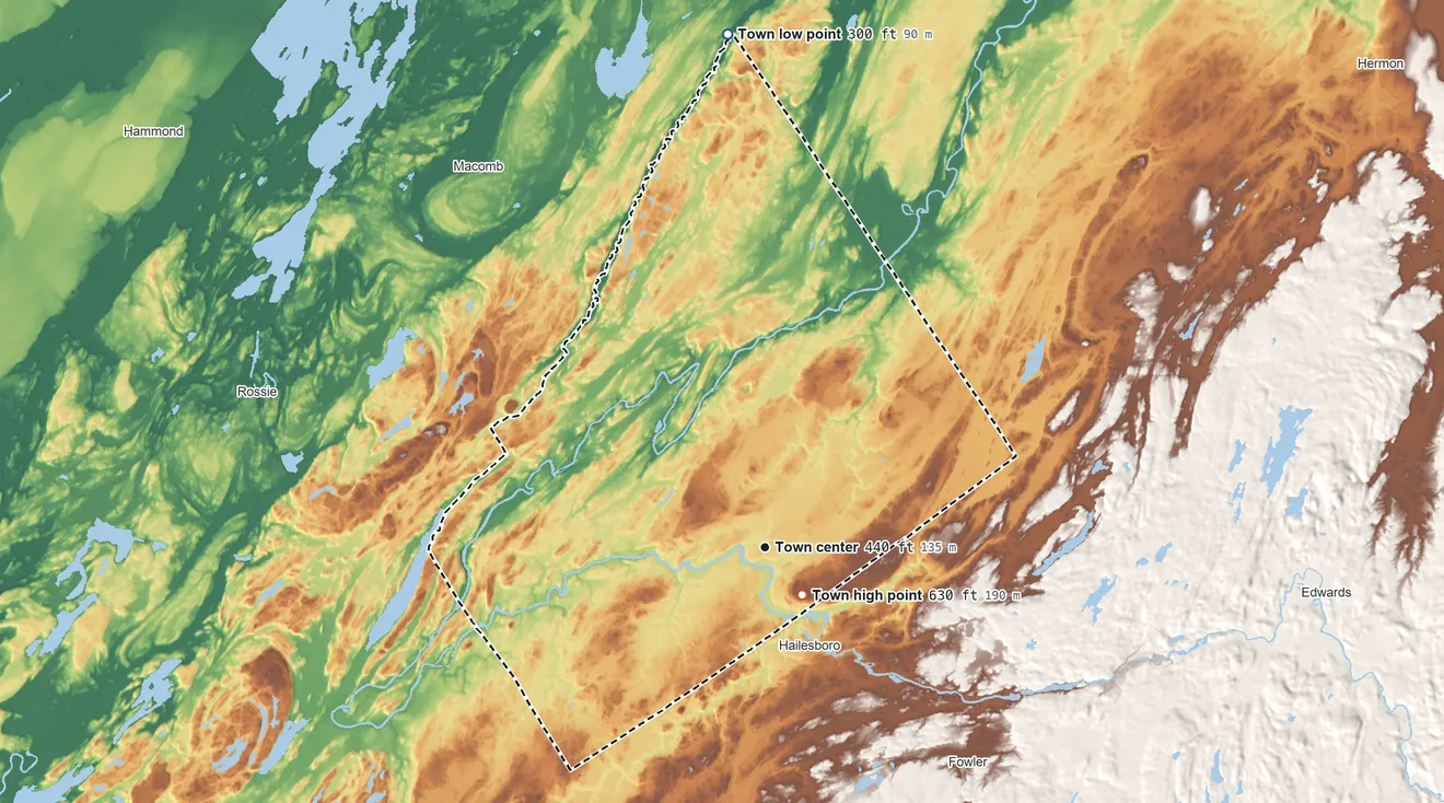 Topographic elevation map of Gouverneur, New York, shaded from 300 ft on the north side to 630 ft on Reservoir Hill
