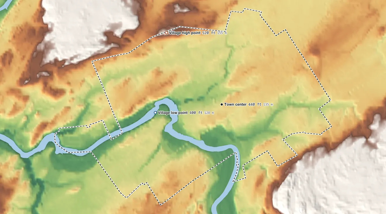 Topographic elevation map of Village of Gouverneur, New York, shaded from 400 ft on the west side to 520 ft on the northwest side