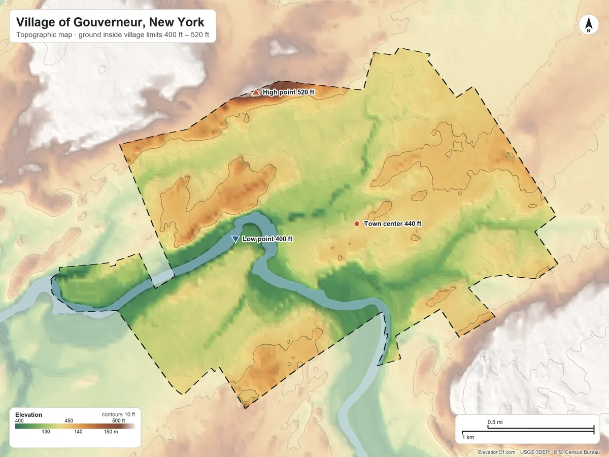 Topographic elevation map of Village of Gouverneur, New York, shaded from 400 ft on the west side to 520 ft on the northwest side
