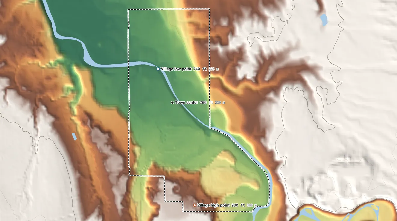 Topographic elevation map of Gowanda, New York, shaded from 740 ft on the northwest side to 980 ft on the south side