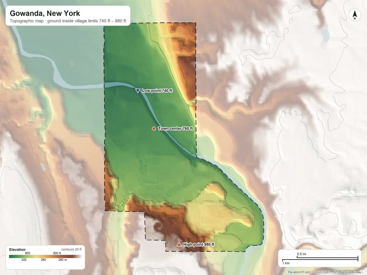 Topographic elevation map of Gowanda, New York, shaded from 740 ft on the northwest side to 980 ft on the south side