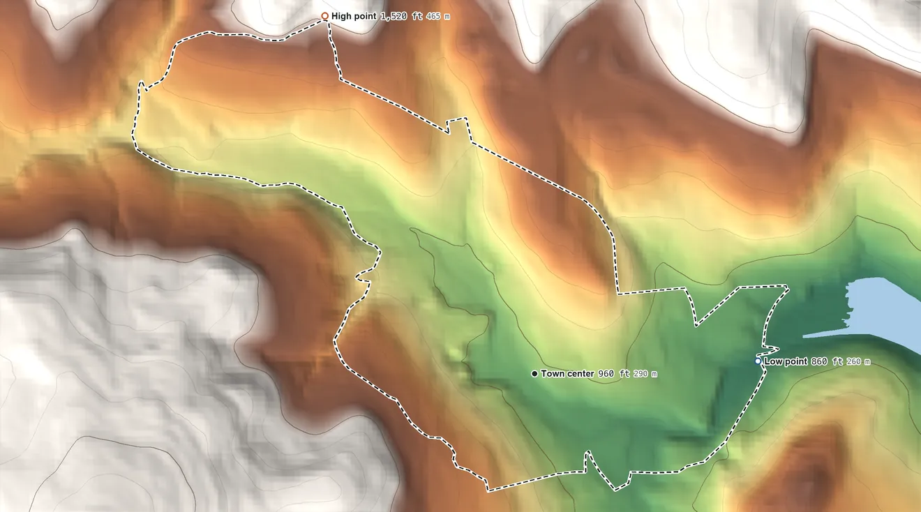 Topographic elevation map of Grahamsville, New York, shaded from 860 ft on the east side to 1,520 ft at the foot of the Beaver Kill Range