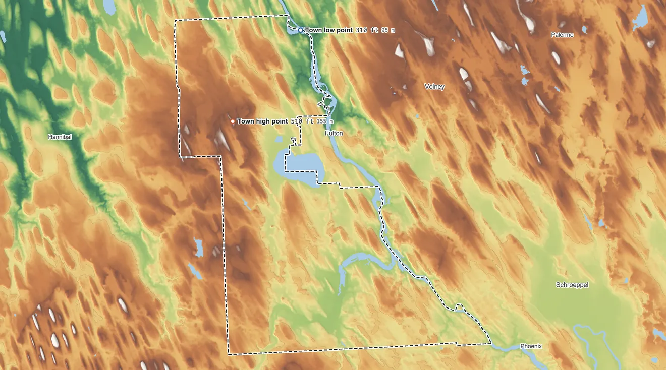 Topographic elevation map of Granby, New York, shaded from 310 ft on the north side to 510 ft on the northwest side
