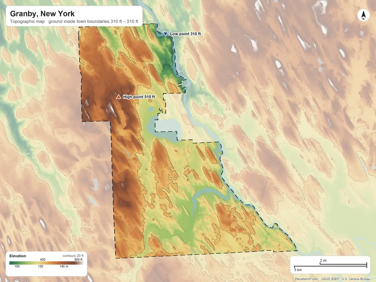Topographic elevation map of Granby, New York, shaded from 310 ft on the north side to 510 ft on the northwest side