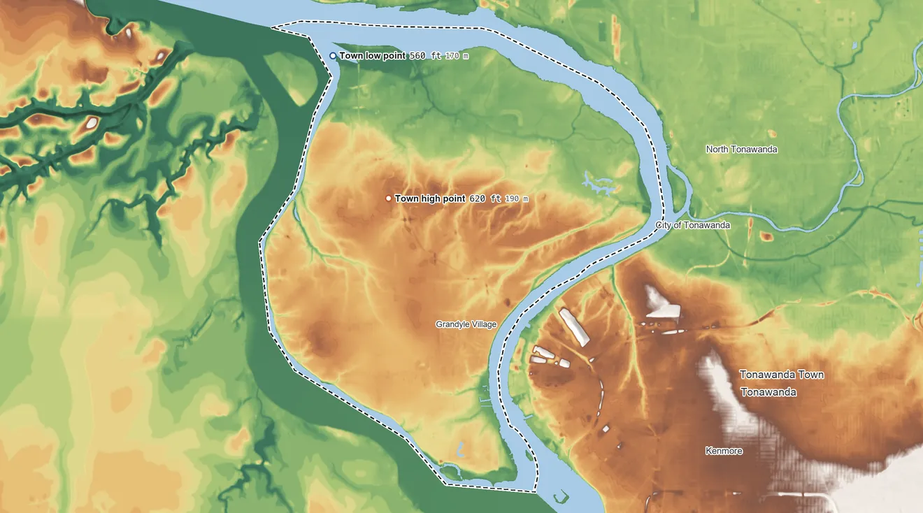 Topographic elevation map of Grand Island, New York, shaded from 560 ft on the northwest side to 620 ft on the northwest side