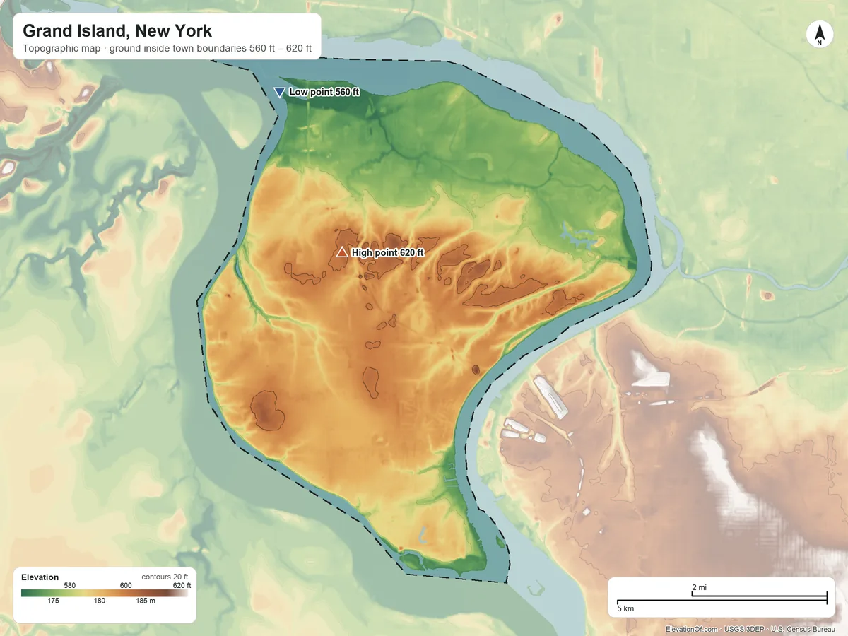 Topographic elevation map of Grand Island, New York, shaded from 560 ft on the northwest side to 620 ft on the northwest side