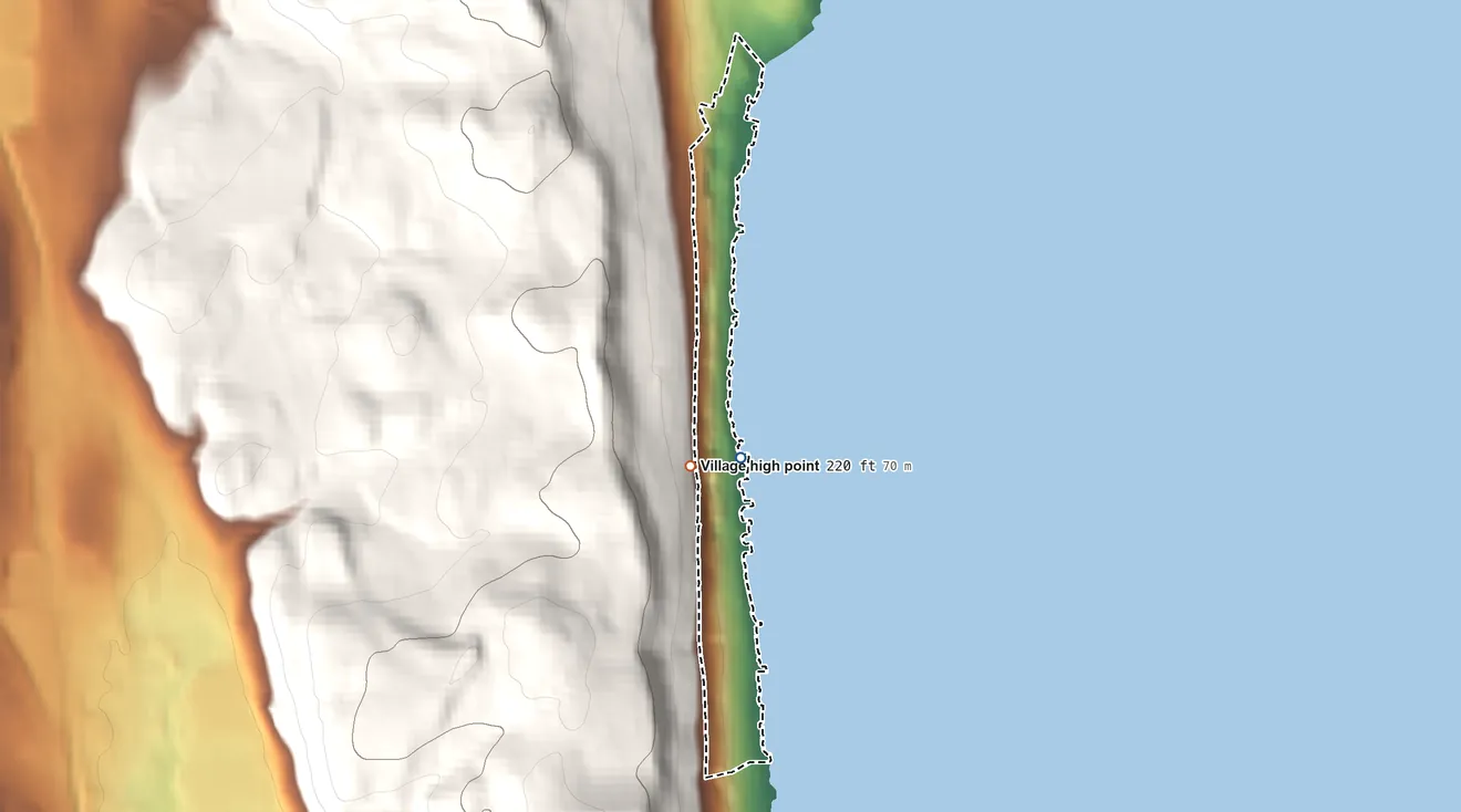 Topographic elevation map of Grand View-on-Hudson, New York, shaded from 3 ft near the middle to 220 ft at the foot of the Pocantico Hills