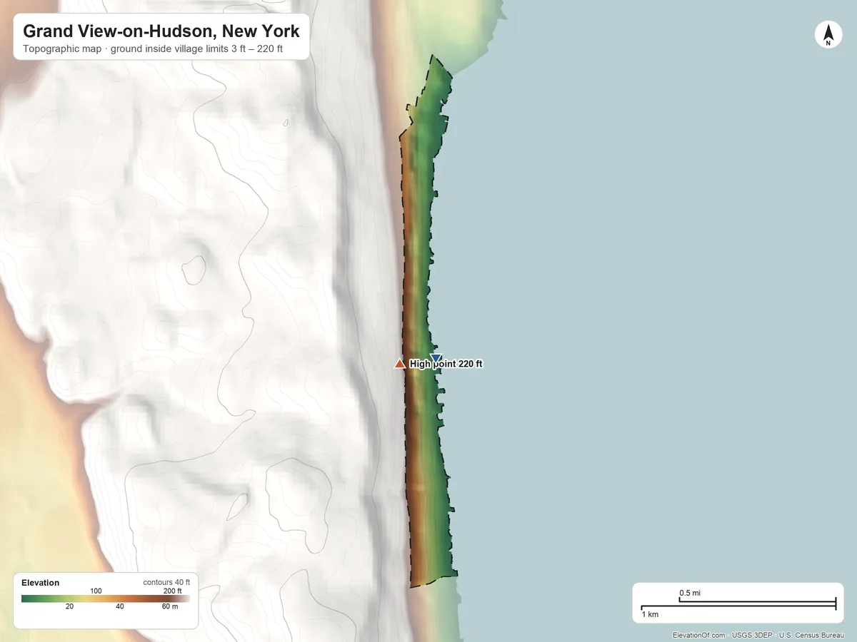 Topographic elevation map of Grand View-on-Hudson, New York, shaded from 3 ft near the middle to 220 ft at the foot of the Pocantico Hills