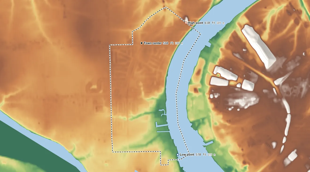 Topographic elevation map of Grandyle Village, New York, shaded from 570 ft on the south side to 610 ft on the northeast side