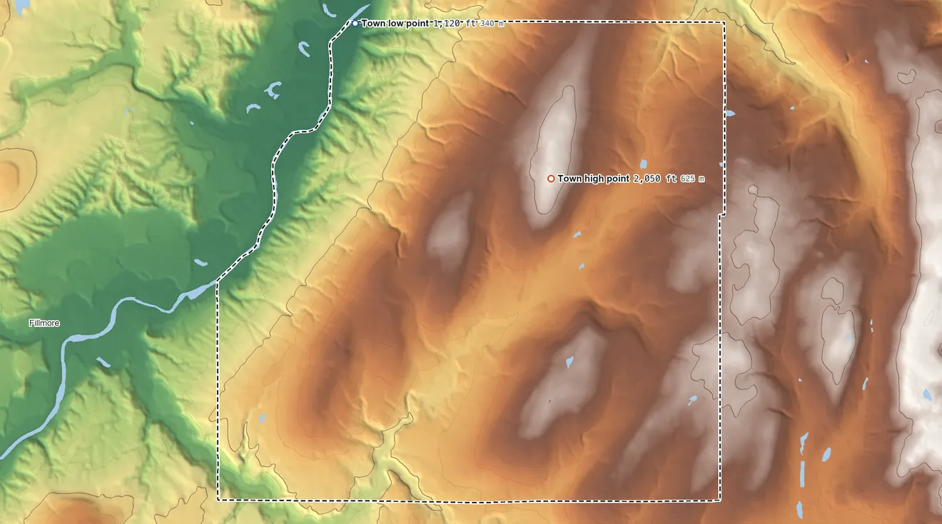 Topographic elevation map of Granger, New York, shaded from 1,120 ft on the north side to 2,050 ft on the northeast side