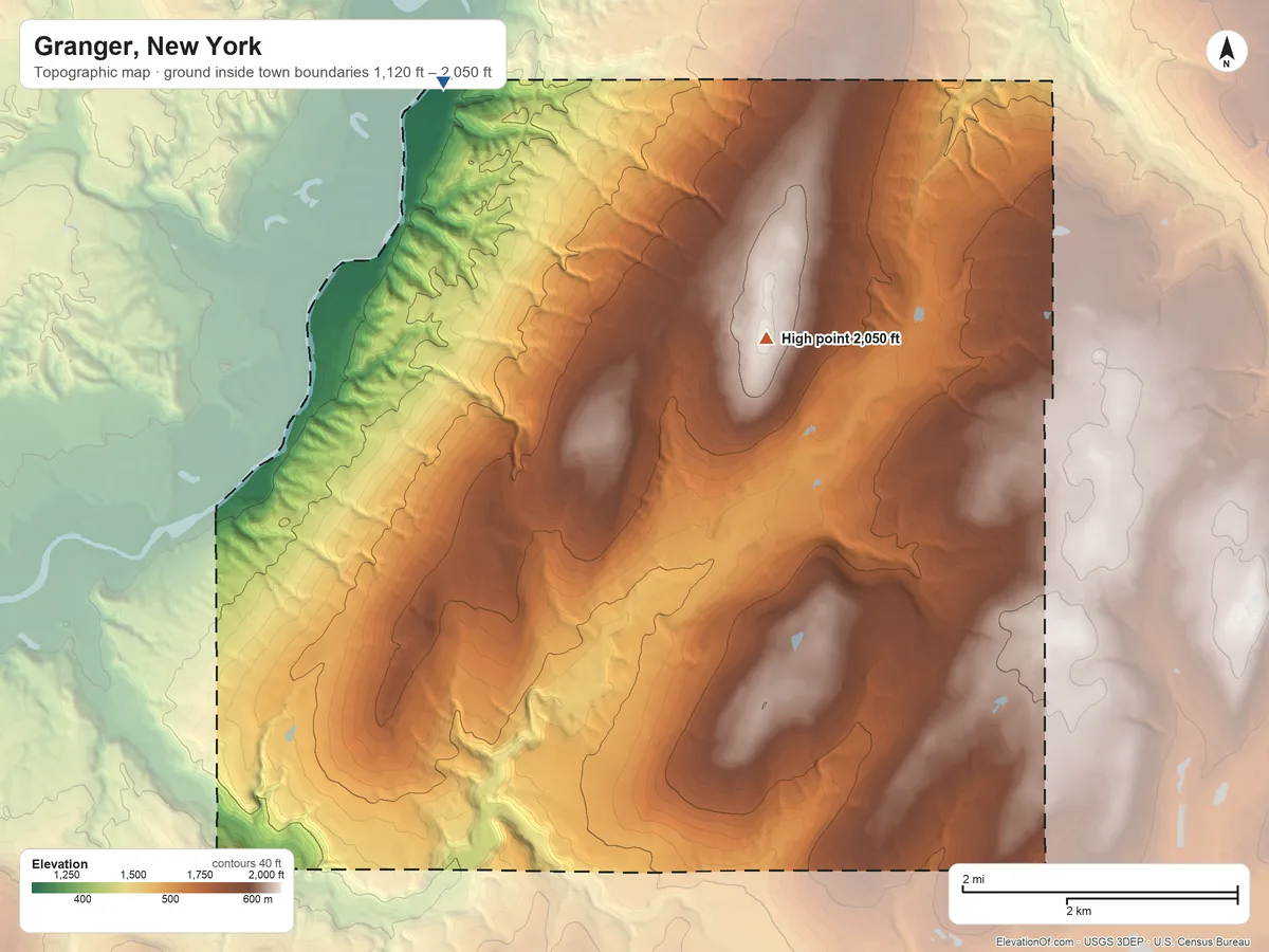 Topographic elevation map of Granger, New York, shaded from 1,120 ft on the north side to 2,050 ft on the northeast side