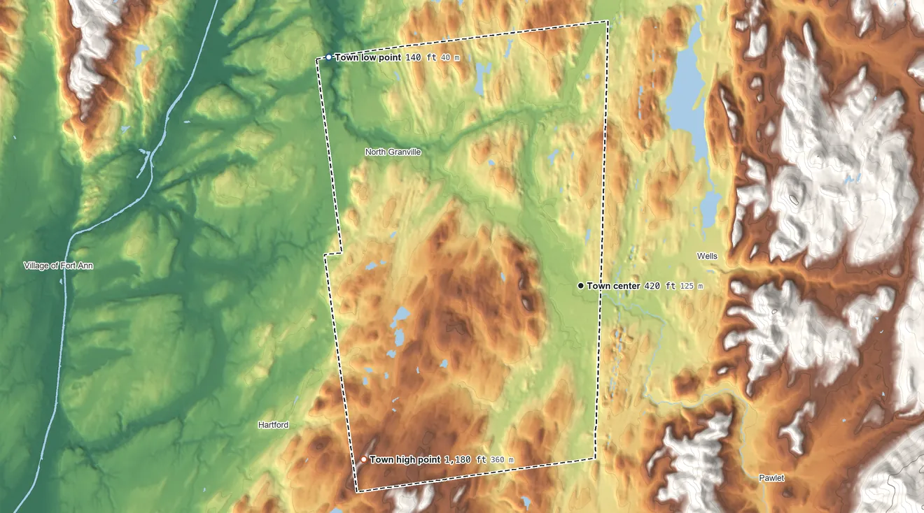 Topographic elevation map of Granville, New York, shaded from 140 ft on the northwest side to 1,180 ft on the southwest side