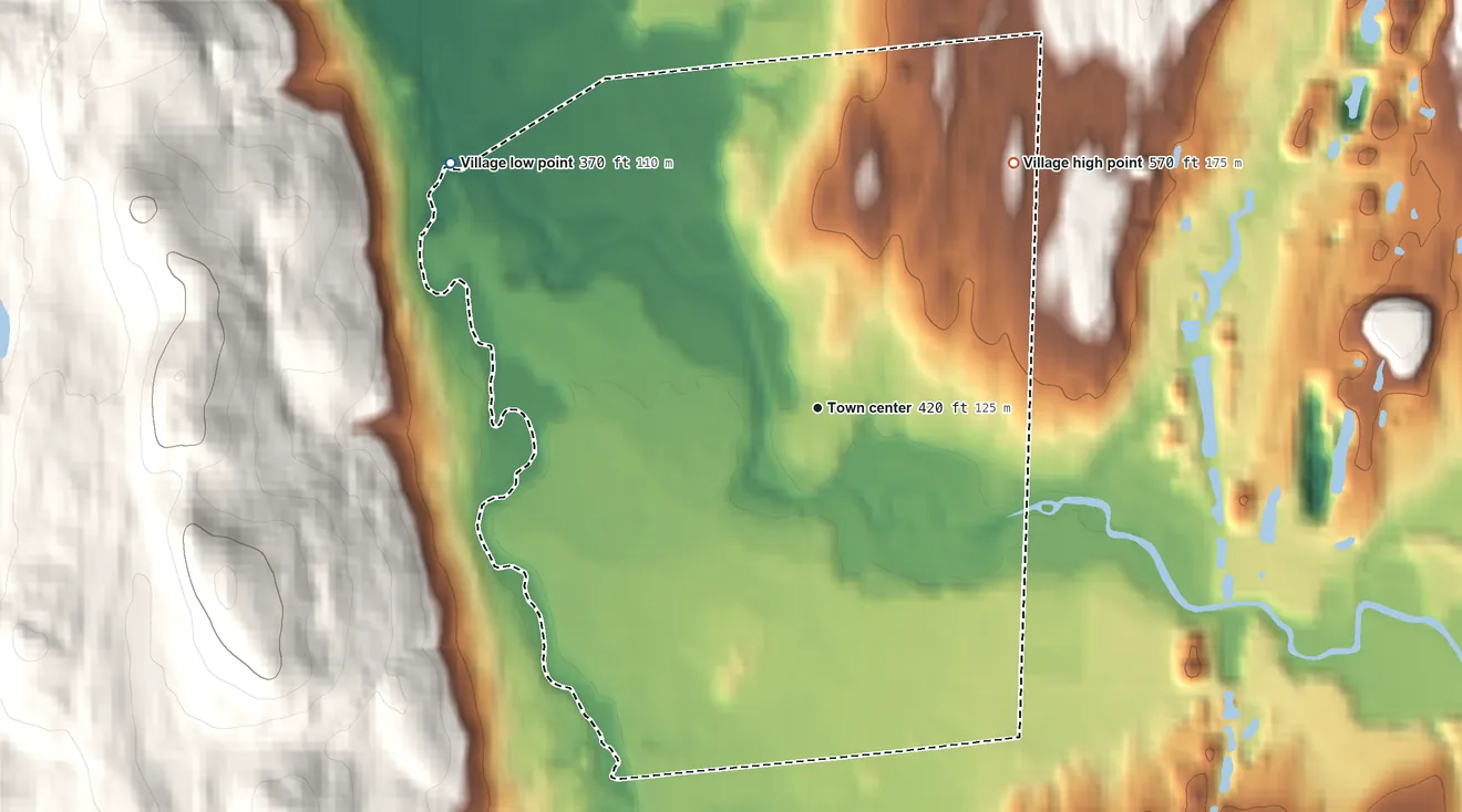 Topographic elevation map of Village of Granville, New York, shaded from 370 ft on the northwest side to 570 ft on the northeast edge, below higher ground just outside
