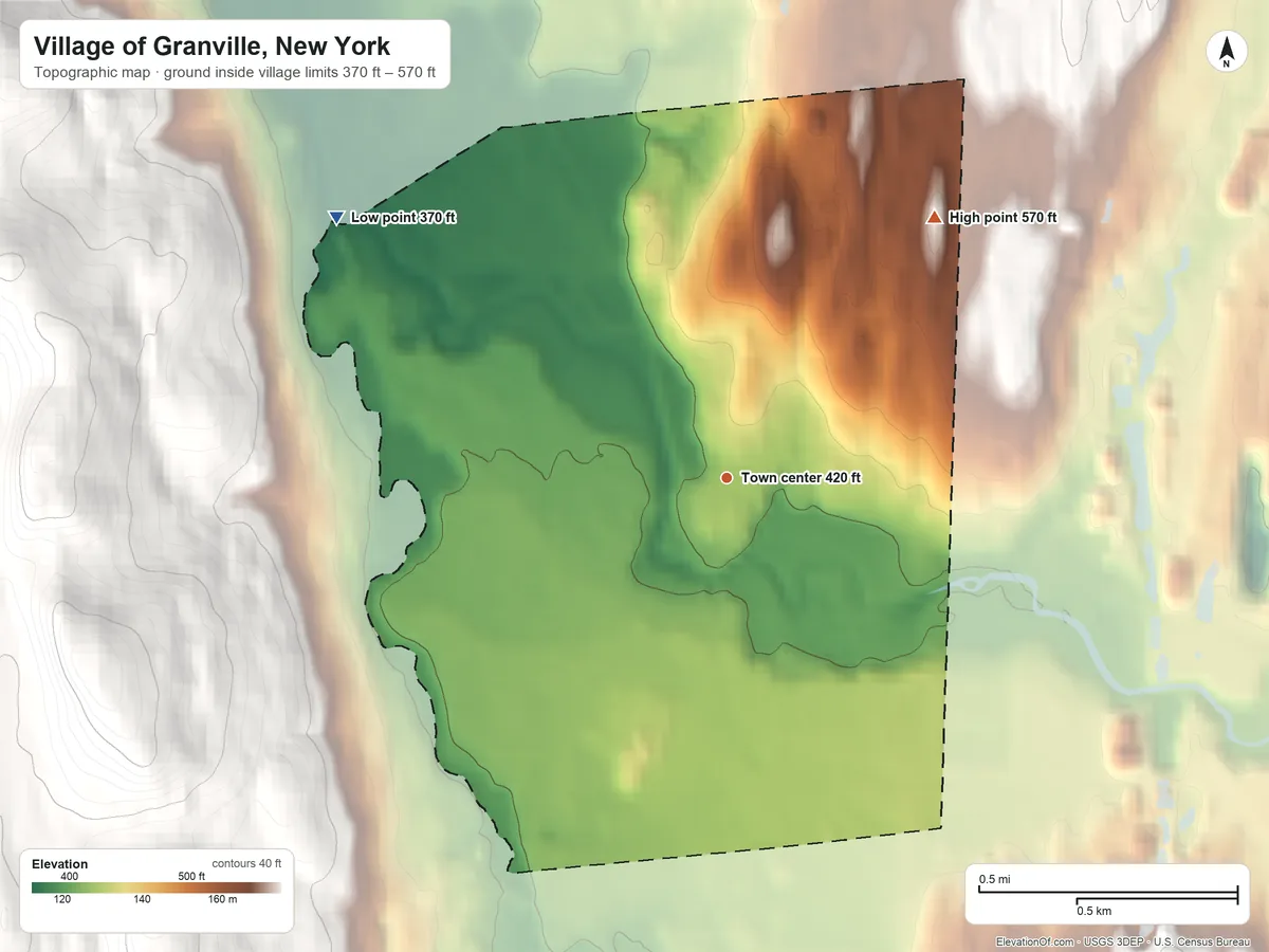Topographic elevation map of Village of Granville, New York, shaded from 370 ft on the northwest side to 570 ft on the northeast edge, below higher ground just outside