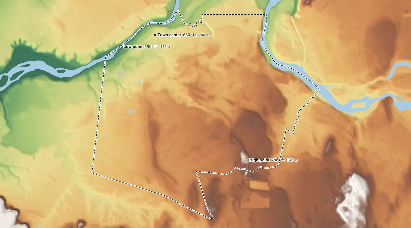 Topographic elevation map of Great Bend, New York, shaded from 590 ft on the west side to 780 ft on the southeast side