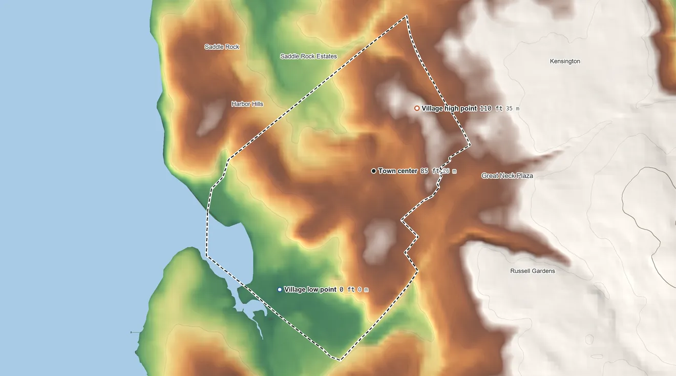 Topographic elevation map of Great Neck Estates, New York, shaded from sea level level on Little Neck Bay to 110 ft on the northeast side