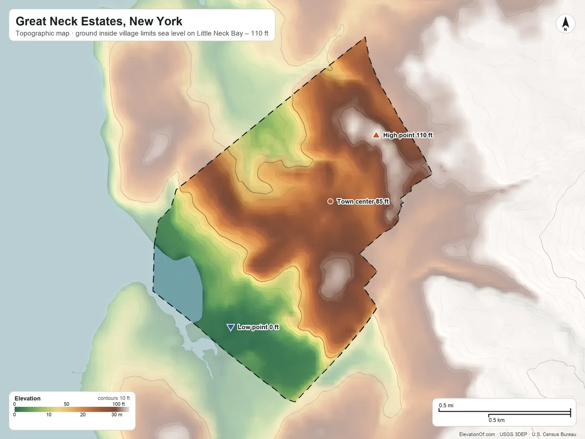 Topographic elevation map of Great Neck Estates, New York, shaded from sea level level on Little Neck Bay to 110 ft on the northeast side