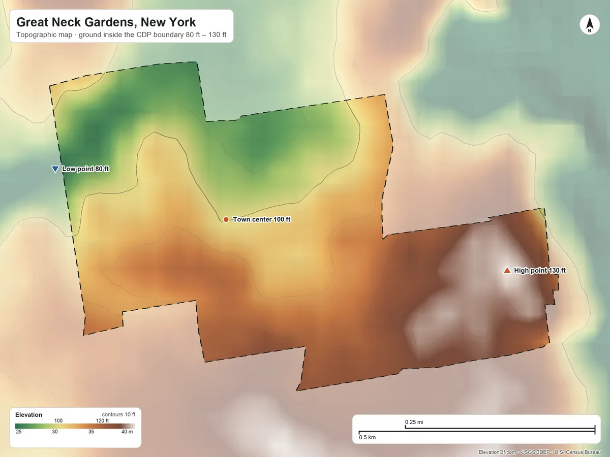 Topographic elevation map of Great Neck Gardens, New York, shaded from 80 ft on the west side to 130 ft on the east side