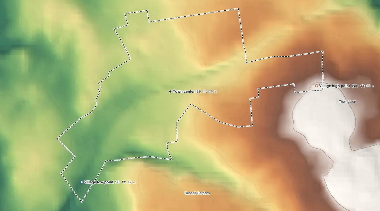 Topographic elevation map of Great Neck Plaza, New York, shaded from 56 ft on the southwest side to 200 ft on the east side
